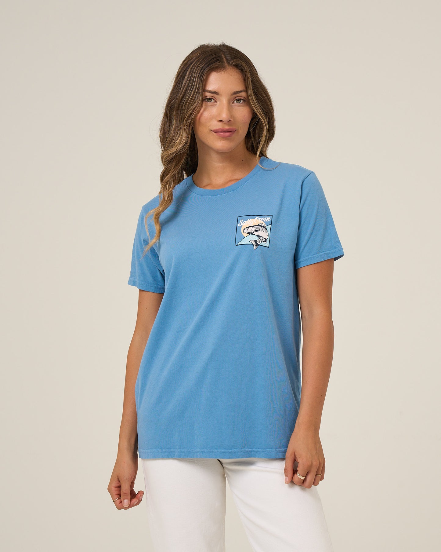 Front view of the Fish Stamp Boyfriend Tee - Ash Blue. 
