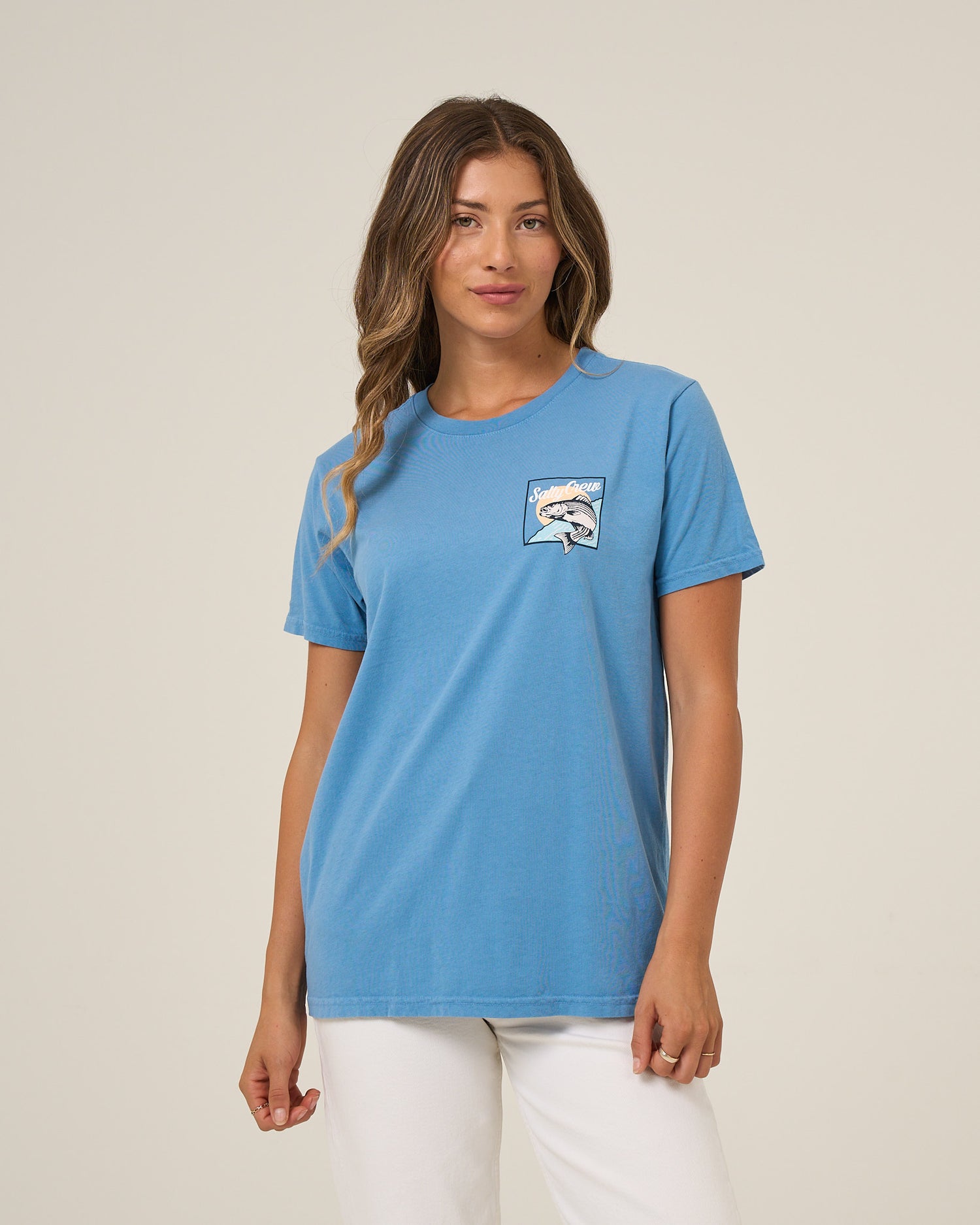 Front view of the Fish Stamp Boyfriend Tee - Ash Blue. 