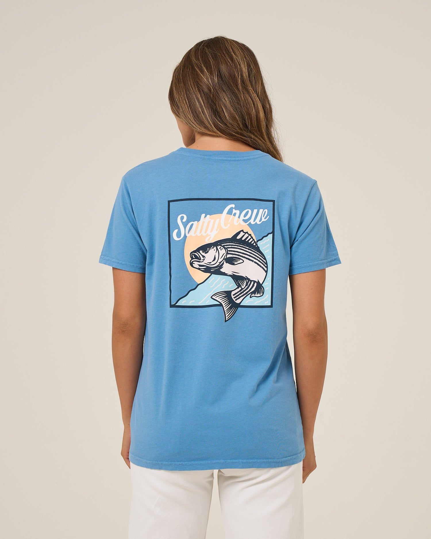 Back view of the Fish Stamp Boyfriend Tee - Ash Blue. 