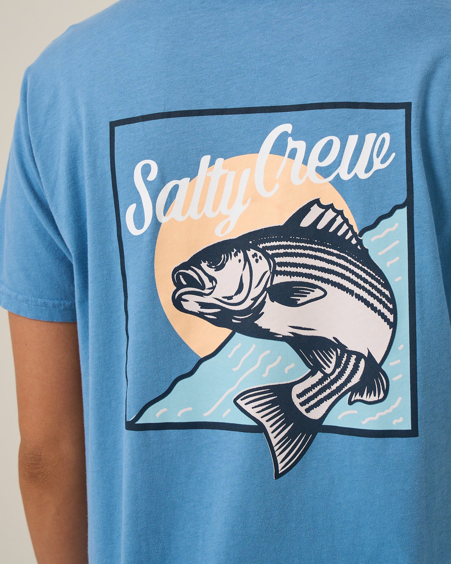 Detail back view of the Fish Stamp Boyfriend Tee - Ash Blue. 