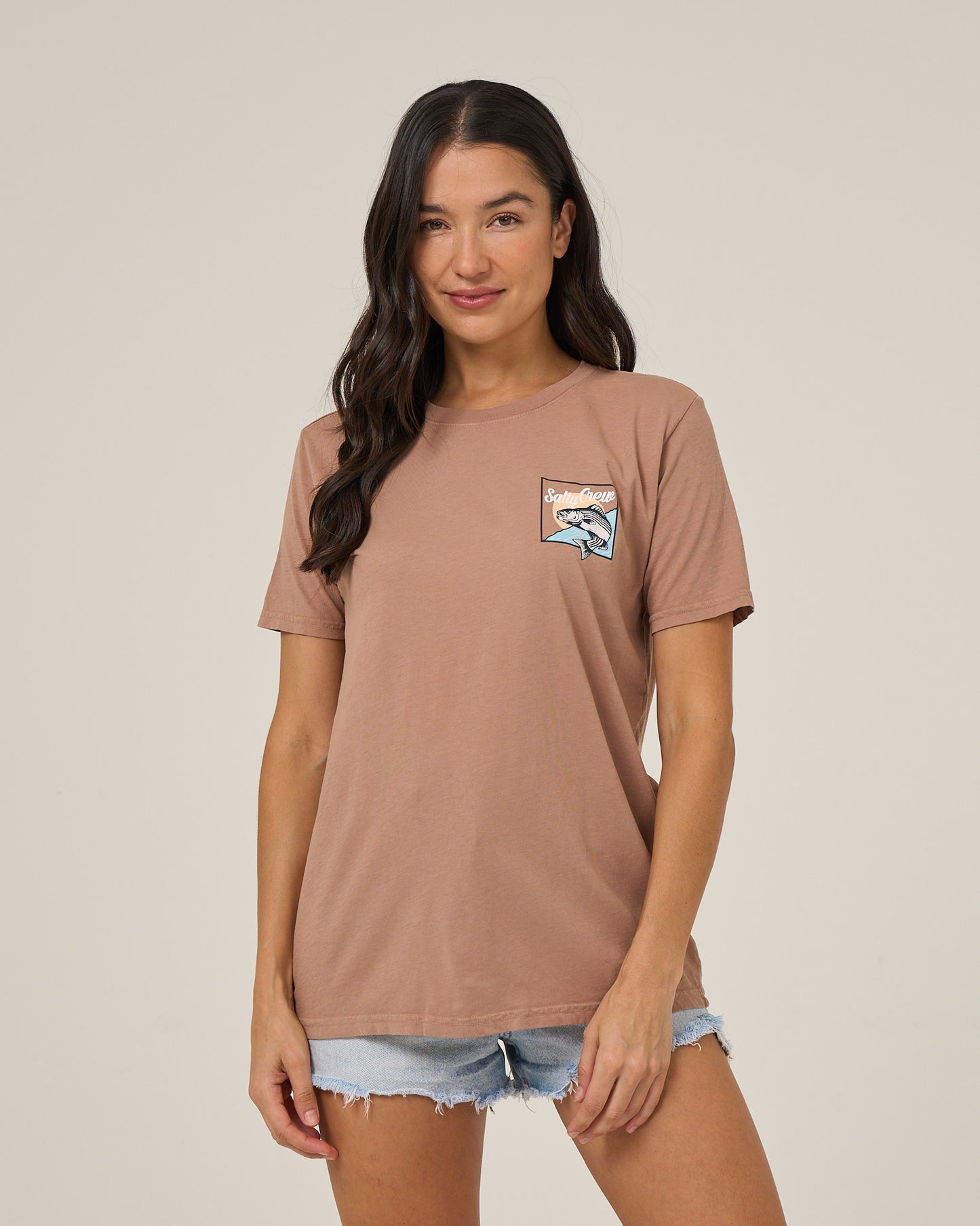 Front view of the Fish Stamp Boyfriend Tee - Mocha. 