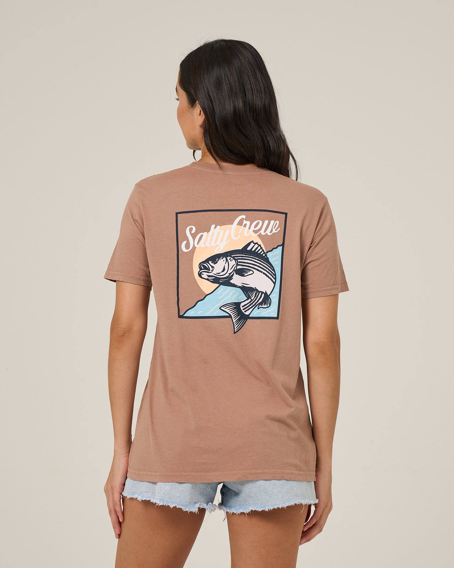 Back view of the Fish Stamp Boyfriend Tee - Mocha. 