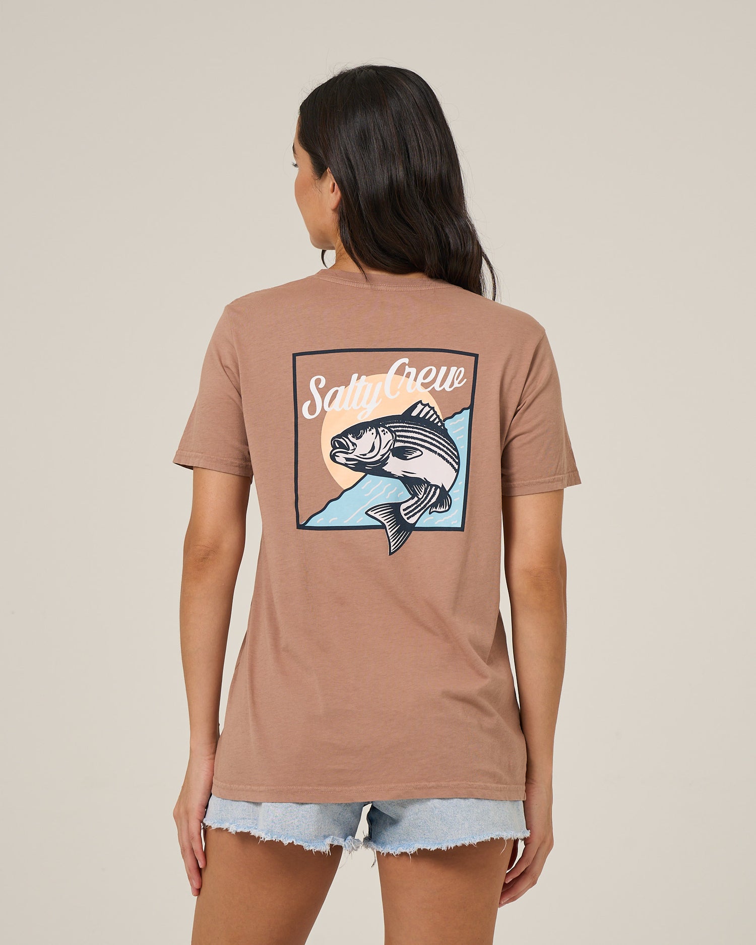 Back view of the Fish Stamp Boyfriend Tee - Mocha. 
