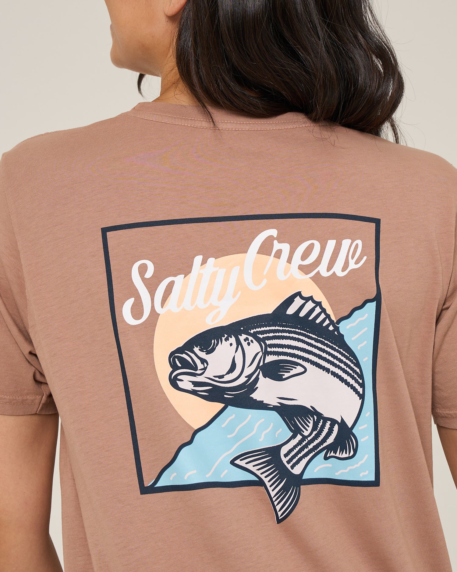 Detail back view of the Fish Stamp Boyfriend Tee - Mocha. 