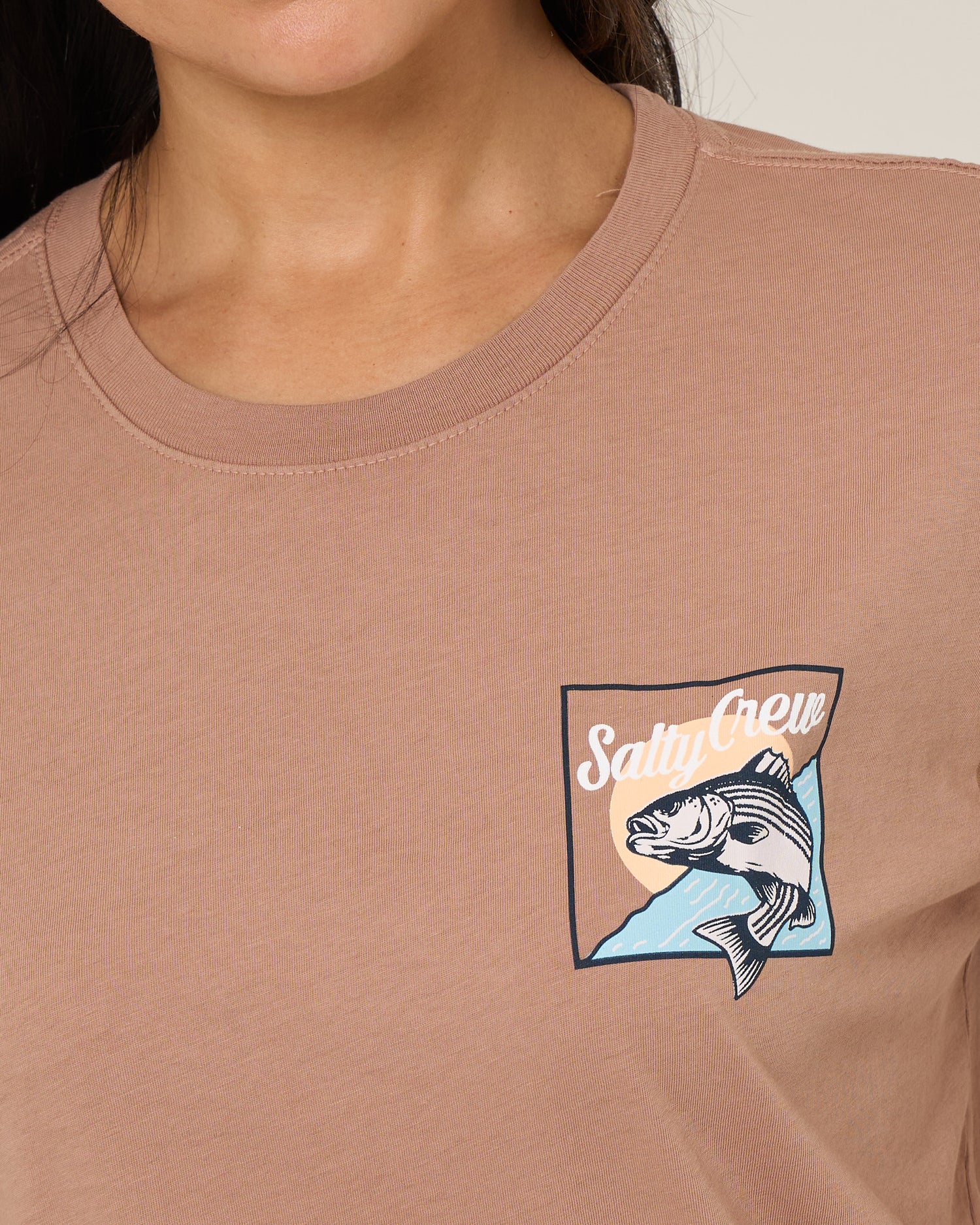 Detail front view of the Fish Stamp Boyfriend Tee - Mocha. 