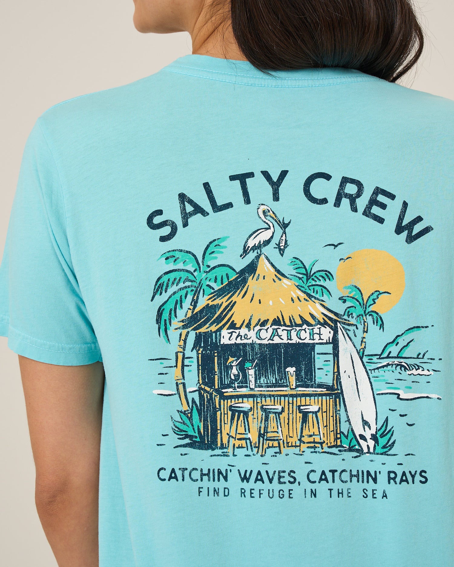 Close up back view of the Beach Hut Boyfriend Tee - Aquamarine. 