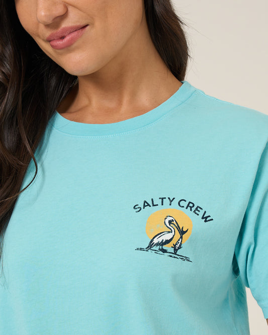 Close up front view of the Beach Hut Boyfriend Tee - Aquamarine.