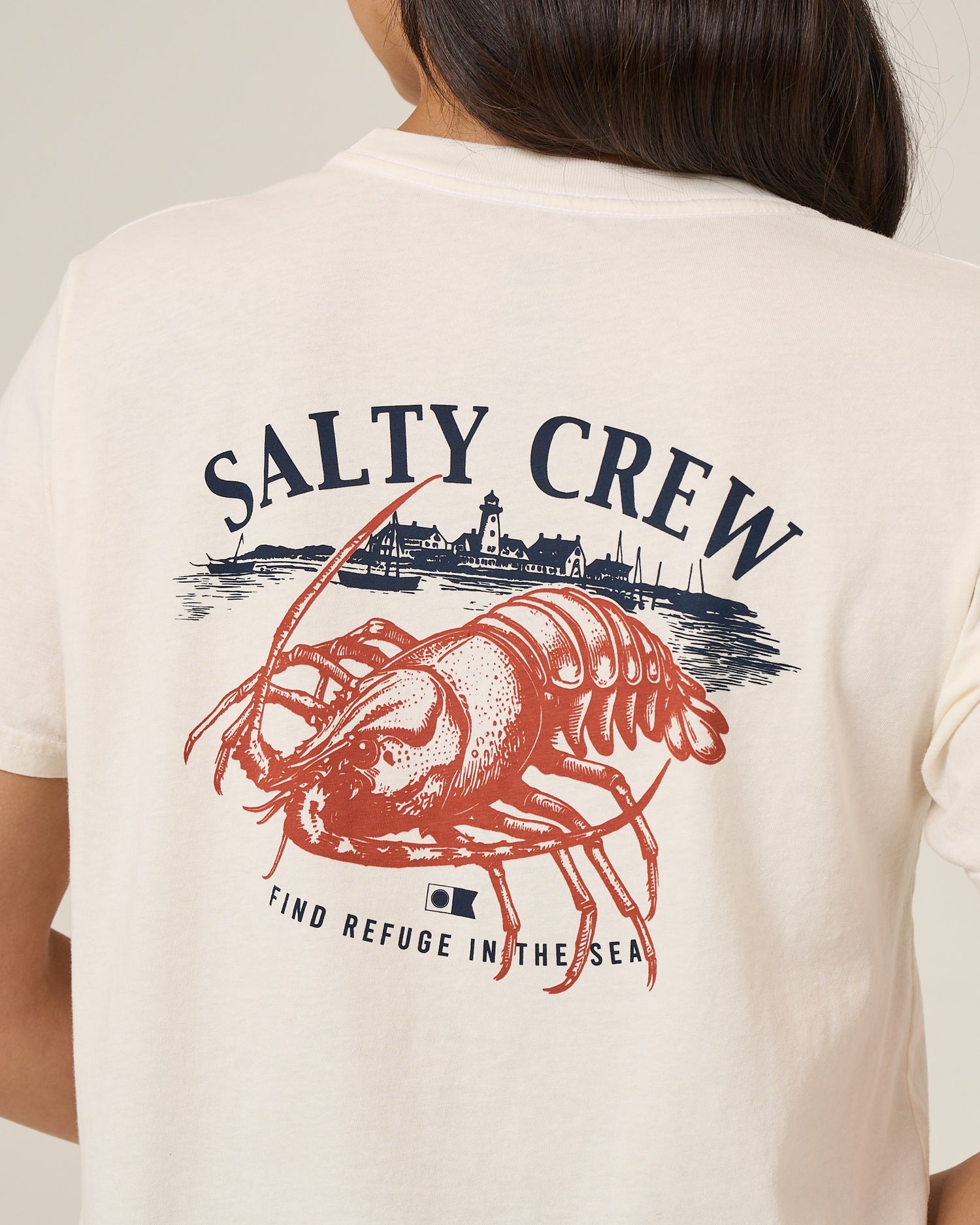 Close up back view of the American Catch Boyfriend Tee - Off White. 