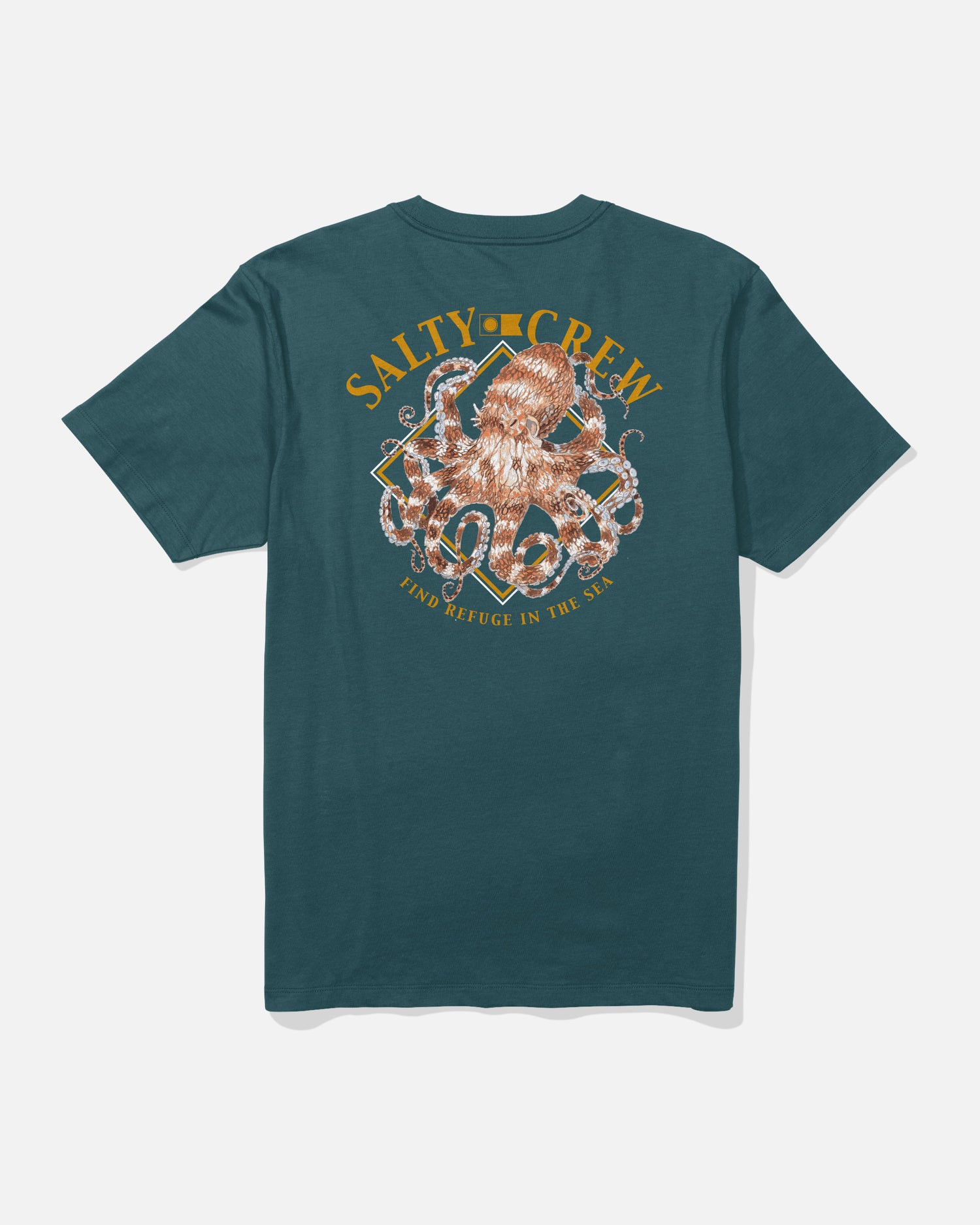 The Octopod Crew Tee in Atlantic Blue by Salty Crew is made from combed ringspun 100% cotton and features a screenprinted graphic of an eagle and octopus, with yellow “SALTY CREW” text above and “FIND REFUGE IN THE SEA” below.