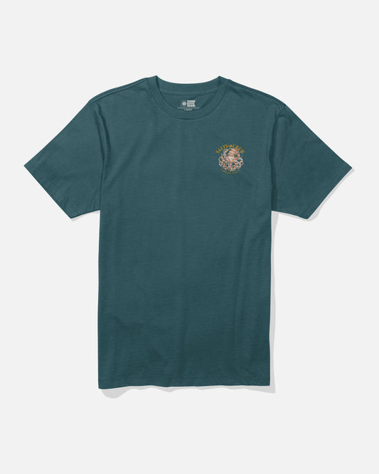 The Salty Crew Octopod Crew Tee in Atlantic Blue is a short-sleeve t-shirt made from 100% cotton, featuring a small, colorful screenprinted graphic with text on the left chest against a plain white background.