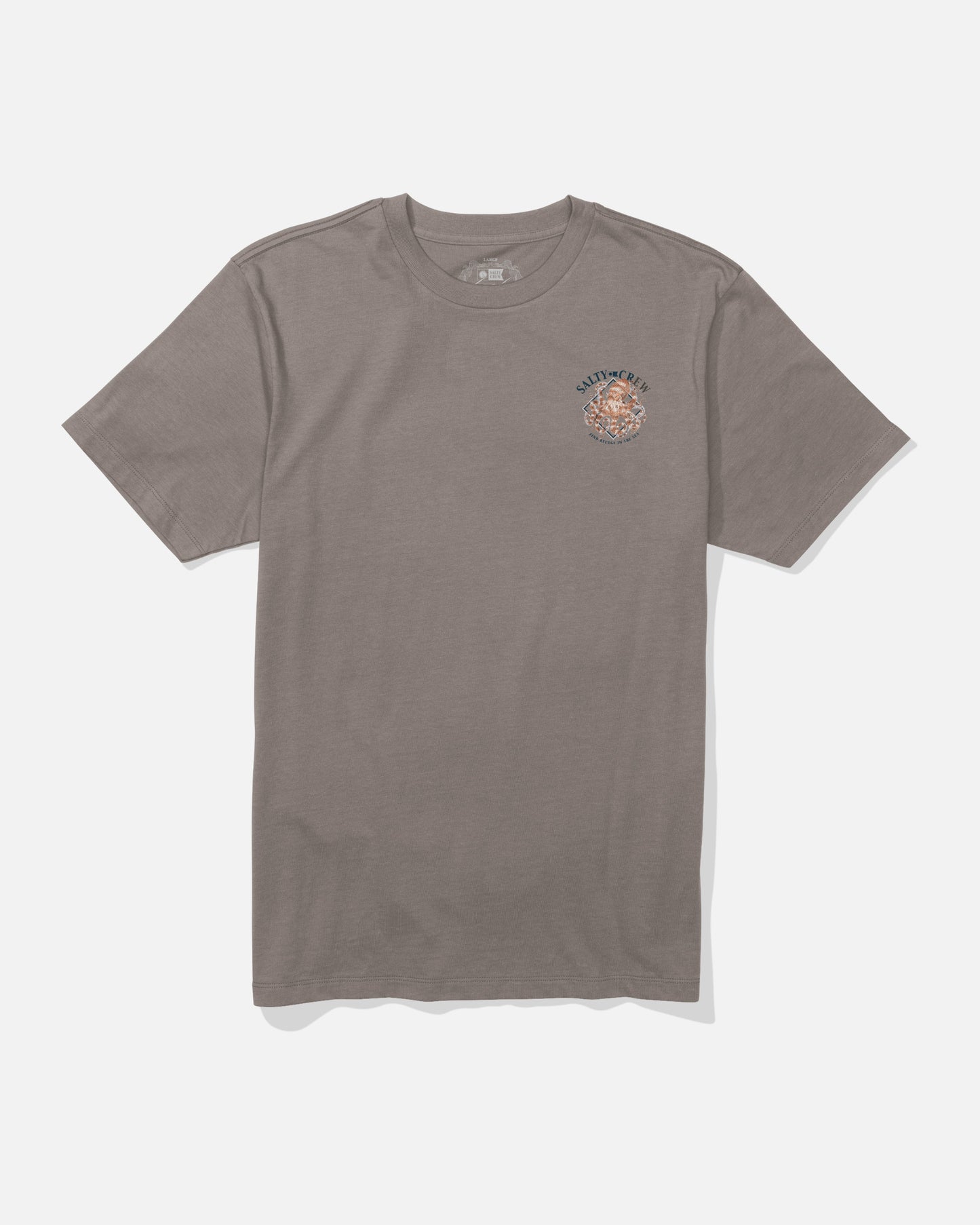 A Salty Crew Octopod Crew Tee in cinder, featuring a small circular octopus graphic and text screenprinted on the upper left chest. The short-sleeve cotton t-shirt is laid flat on a white background.