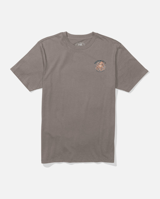 A Salty Crew Octopod Crew Tee in cinder, featuring a small circular octopus graphic and text screenprinted on the upper left chest. The short-sleeve cotton t-shirt is laid flat on a white background.