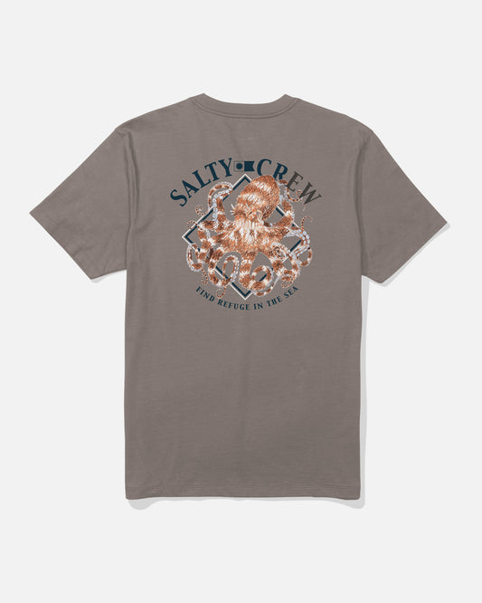 The Salty Crew Octopod Crew Tee in Cinder is a gray, screenprinted cotton t-shirt featuring a large, detailed octopus illustration on the back, with “SALTY CREW” above and “FIND REFUGE IN THE SEA” below the design.