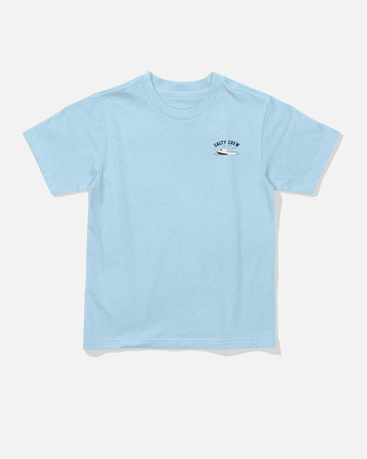 Front view of the Boat Repair Toddler Tee - Clear Sky. 
