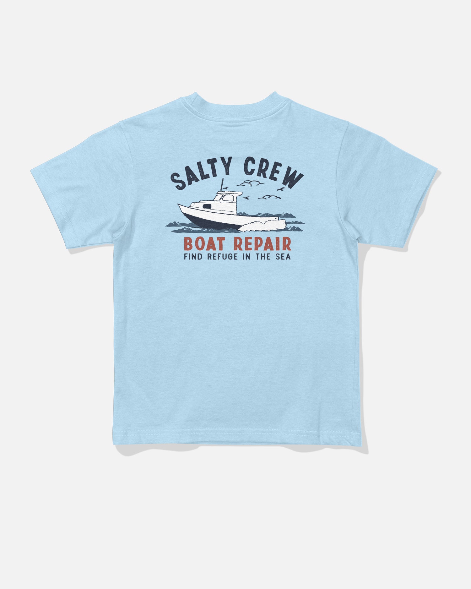 Back view of the Boat Repair Toddler Tee - Clear Sky. 