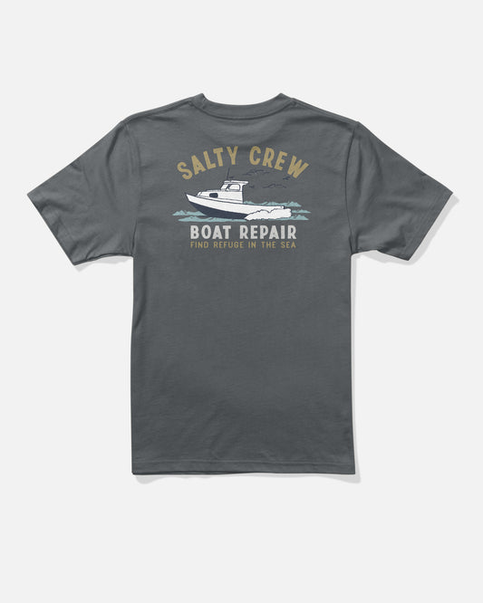 Back view of the Boat Repair Boys Tee - Charcoal. 