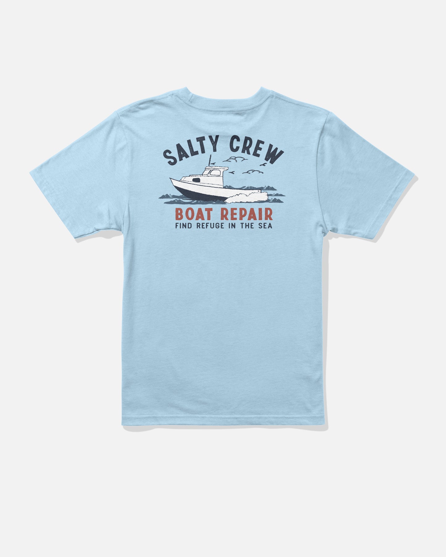 Back view of the Boat Repair Boys Tee - Clear Sky. 