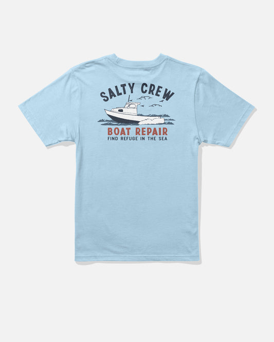 Back view of the Boat Repair Boys Tee - Clear Sky. 
