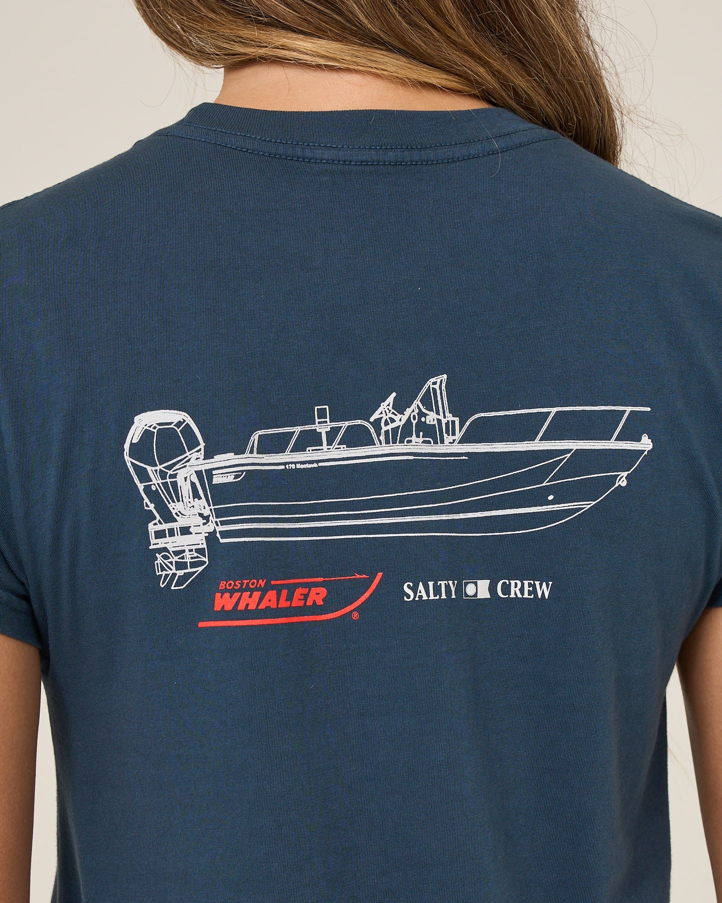 Close up back view of the Whaler Modern Tee - Midnight Navy. 
