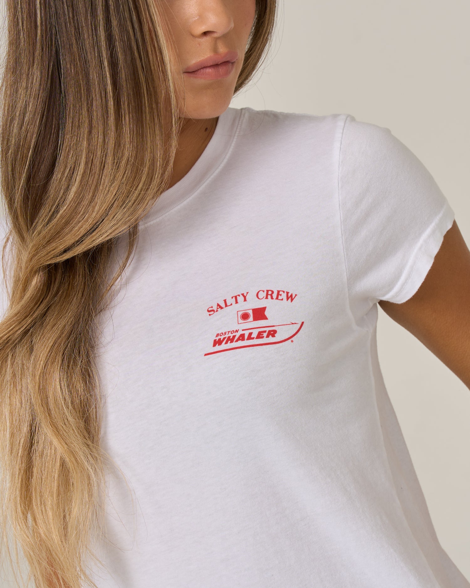 Close up front view of the Whaler Modern Tee - White. 
