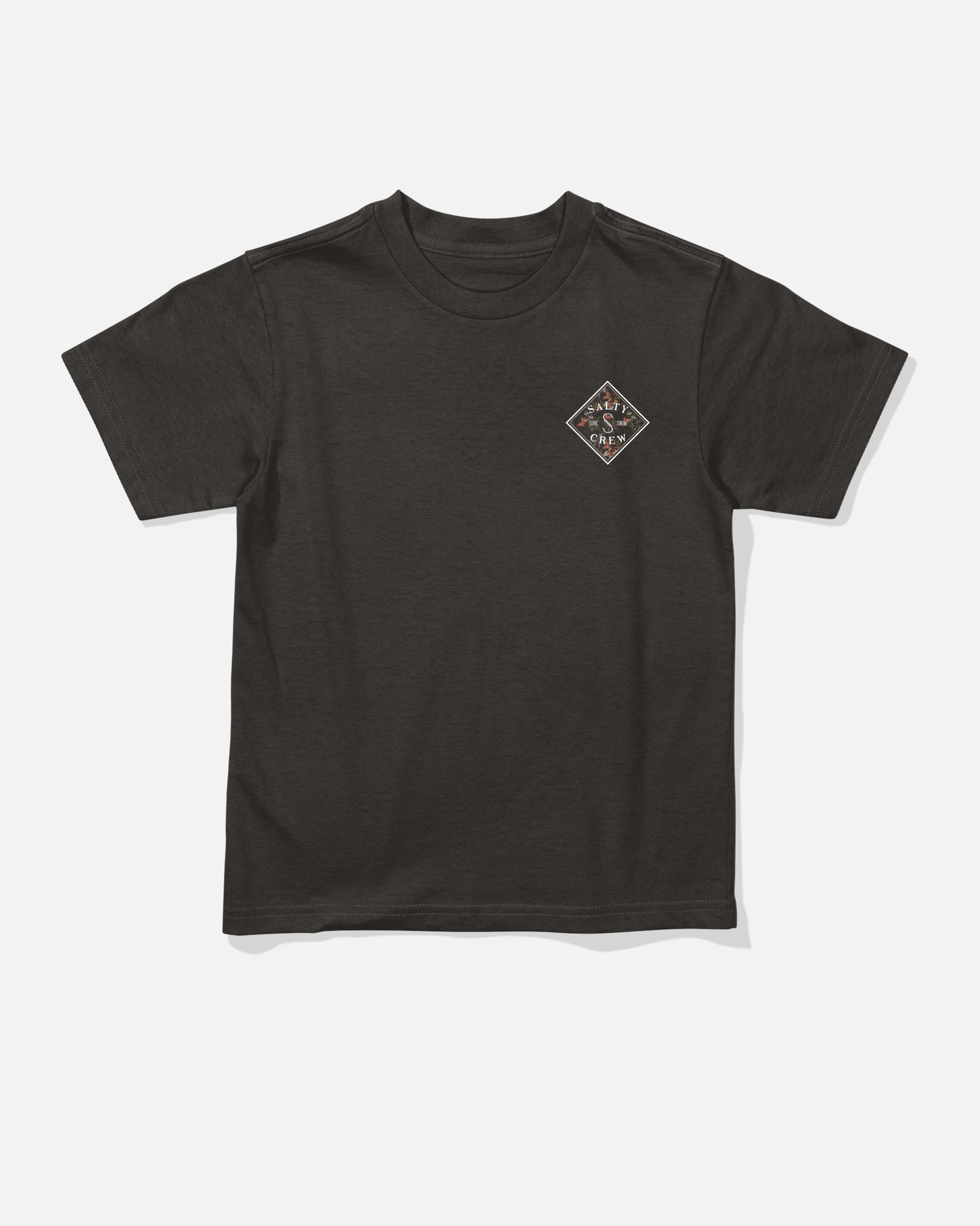 The Tippet Fill Toddler Tee by Salty Crew is a plain black, short-sleeve cotton t-shirt featuring a small diamond-shaped logo screenprinted on the left chest. The combed ringspun shirt is displayed laid flat on a white background.
