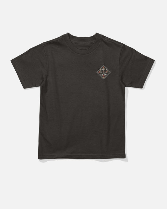 The Tippet Fill Toddler Tee by Salty Crew is a plain black, short-sleeve cotton t-shirt featuring a small diamond-shaped logo screenprinted on the left chest. The combed ringspun shirt is displayed laid flat on a white background.