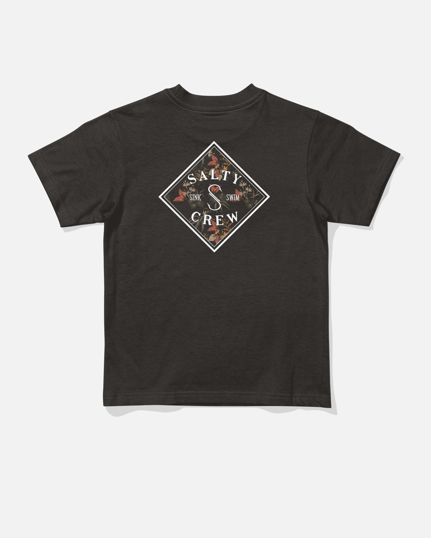 The Tippet Fill Toddler Tee - Black by Salty Crew is a black combed ringspun cotton t-shirt featuring a screenprinted diamond-shaped Salty Crew “Sink or Swim” logo on the back, set against a background of fish and ocean plants.