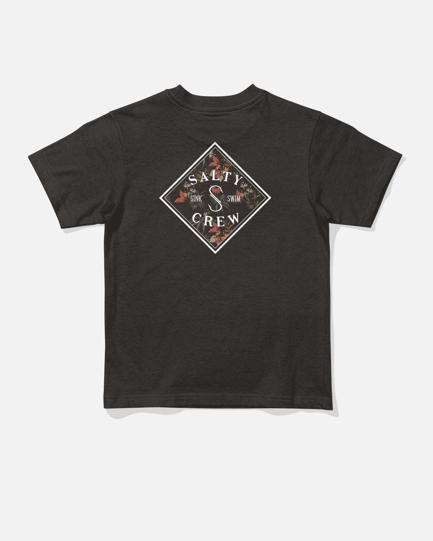 The Tippet Fill Toddler Tee - Black by Salty Crew is a black combed ringspun cotton t-shirt featuring a screenprinted diamond-shaped Salty Crew “Sink or Swim” logo on the back, set against a background of fish and ocean plants.