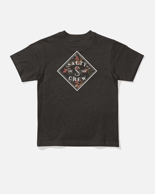 The Tippet Fill Toddler Tee - Black by Salty Crew is a black combed ringspun cotton t-shirt featuring a screenprinted diamond-shaped Salty Crew “Sink or Swim” logo on the back, set against a background of fish and ocean plants.