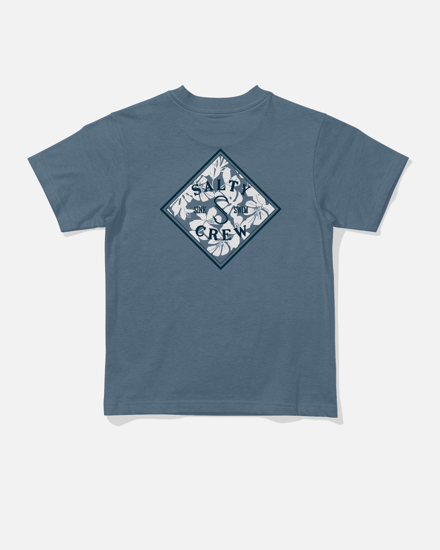 The Tippet Fill Toddler Tee - Slate by Salty Crew is a blue short-sleeve cotton T-shirt featuring a diamond-shaped graphic with leaves and the words “SHIPS CREW” surrounding an anchor in the center, screenprinted on the back for lasting style and comfort.