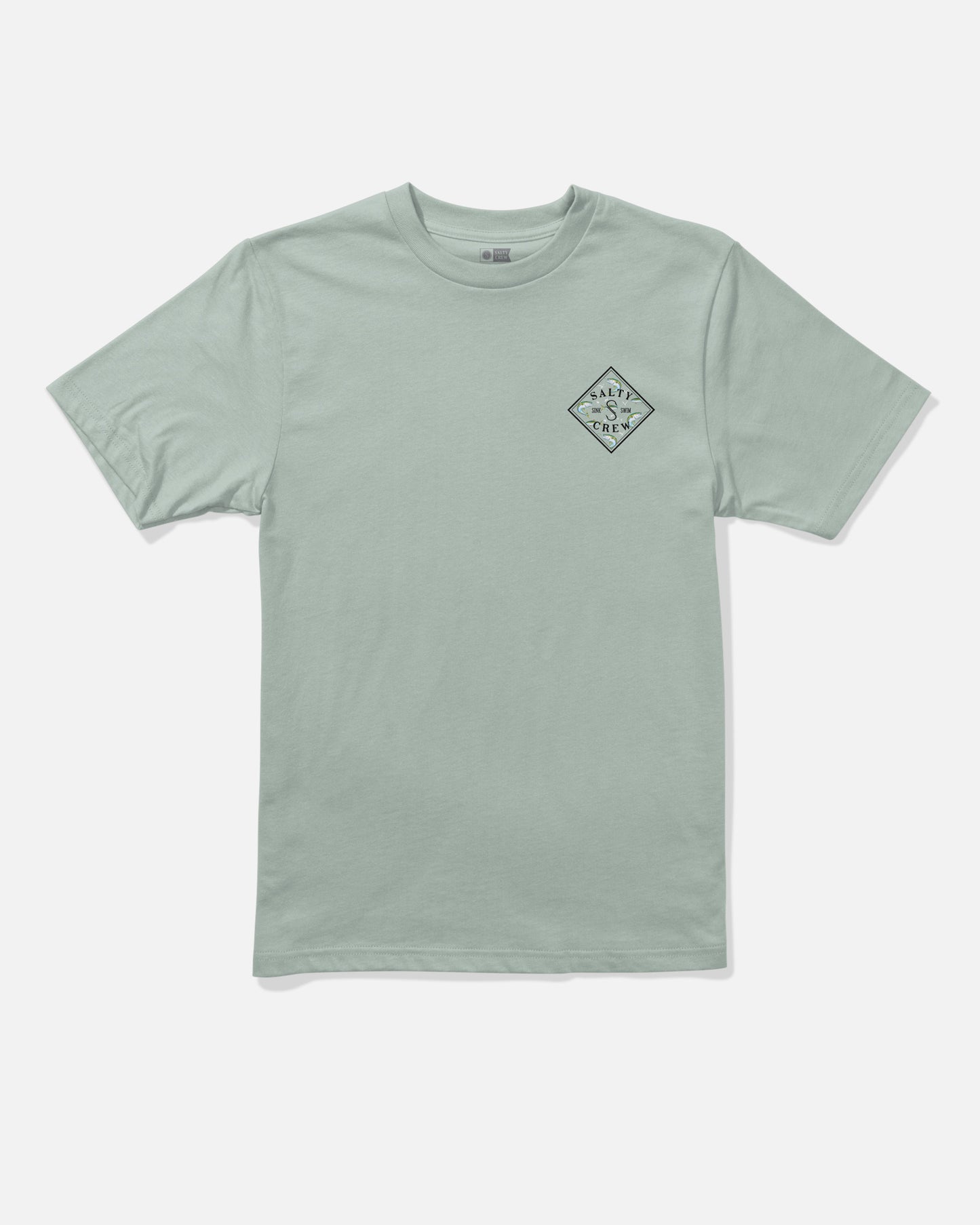 Aqua grey short-sleeve cotton Tippet Fill Boys Tee by Salty Crew, featuring a small, screenprinted diamond-shaped “WAVY CREW” logo on the left chest. The combed ringspun shirt is laid flat on a white background.