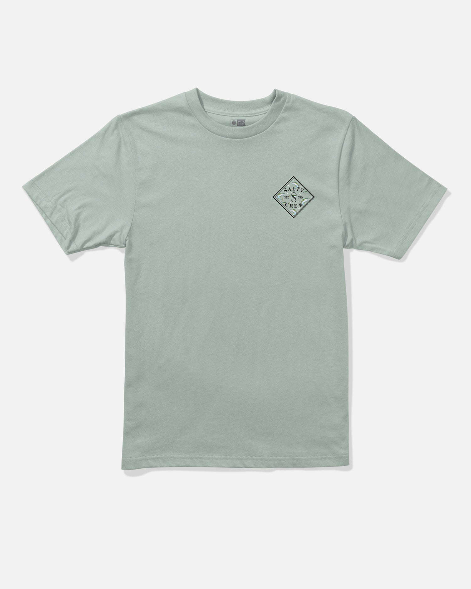 Aqua grey short-sleeve cotton Tippet Fill Boys Tee by Salty Crew, featuring a small, screenprinted diamond-shaped “WAVY CREW” logo on the left chest. The combed ringspun shirt is laid flat on a white background.