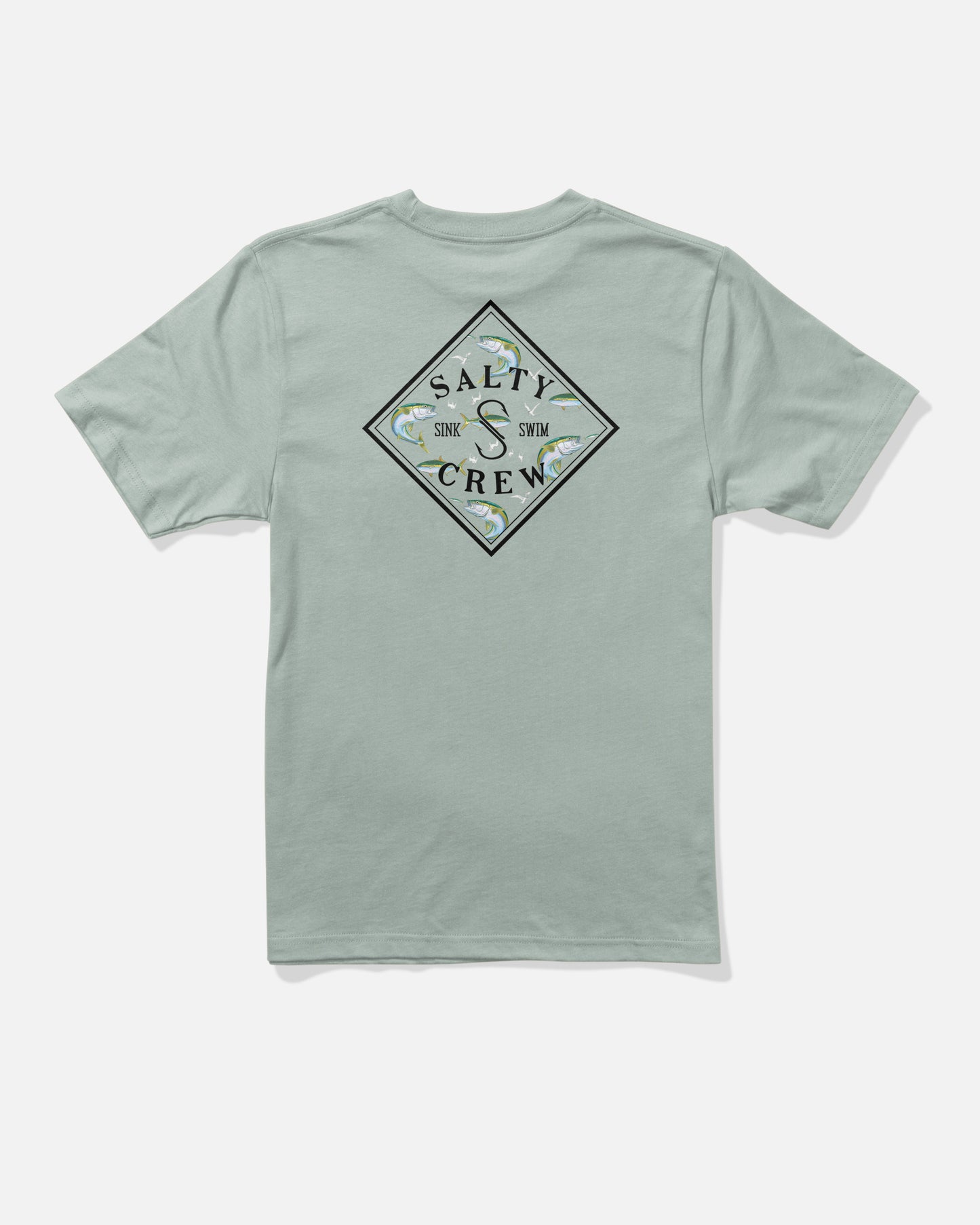 The Salty Crew Tippet Fill Boys Tee in Aqua Grey is a light green short sleeve cotton t-shirt featuring a diamond-shaped screenprinted graphic on the back with fish illustrations and the words “Salty Crew” and “Sink and Swim.” The combed ringspun shirt is shown laid flat on a white background.