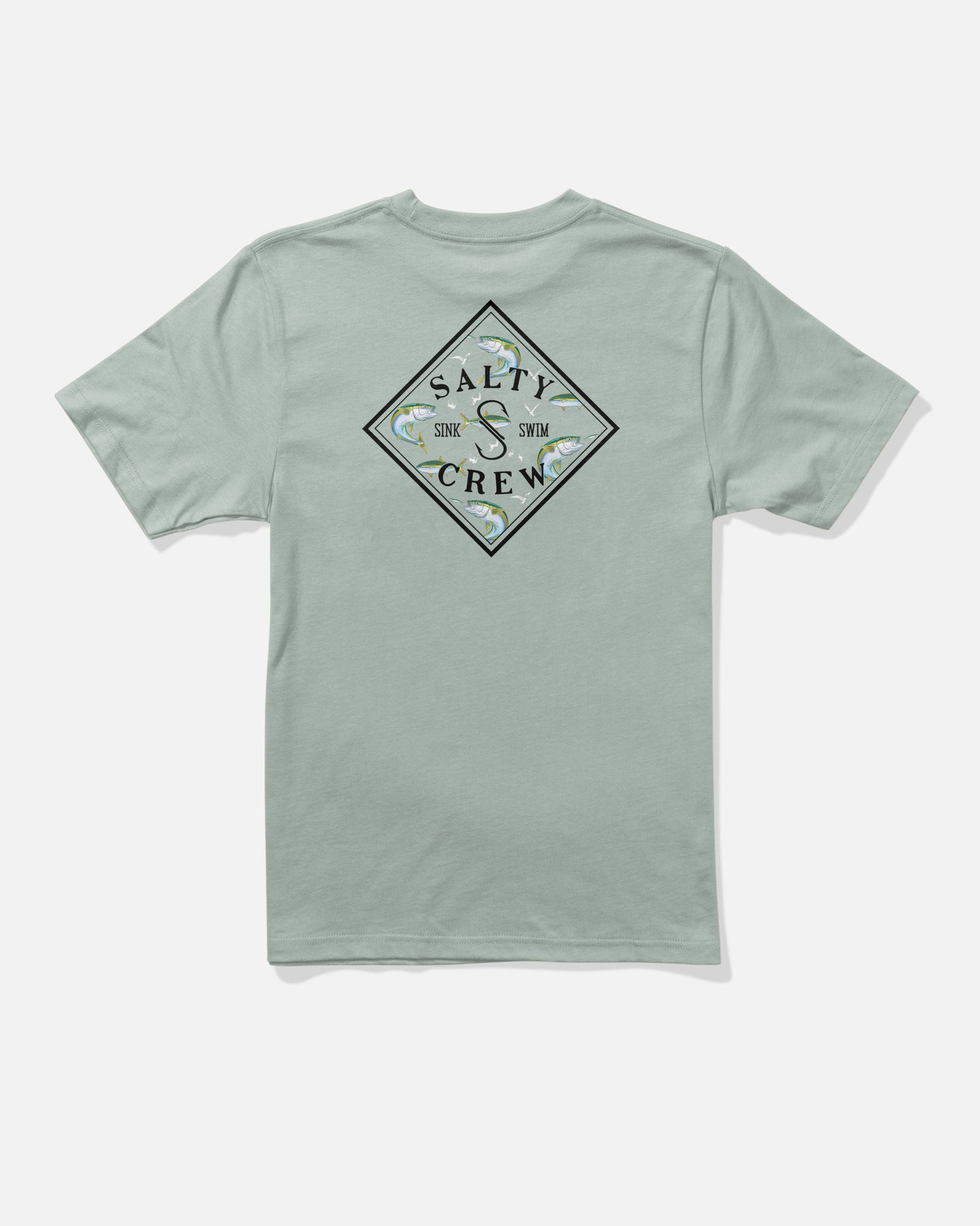 The Salty Crew Tippet Fill Boys Tee in Aqua Grey is a light green short sleeve cotton t-shirt featuring a diamond-shaped screenprinted graphic on the back with fish illustrations and the words “Salty Crew” and “Sink and Swim.” The combed ringspun shirt is shown laid flat on a white background.