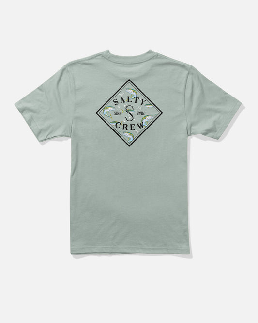 The Salty Crew Tippet Fill Boys Tee in Aqua Grey is a light green short sleeve cotton t-shirt featuring a diamond-shaped screenprinted graphic on the back with fish illustrations and the words “Salty Crew” and “Sink and Swim.” The combed ringspun shirt is shown laid flat on a white background.