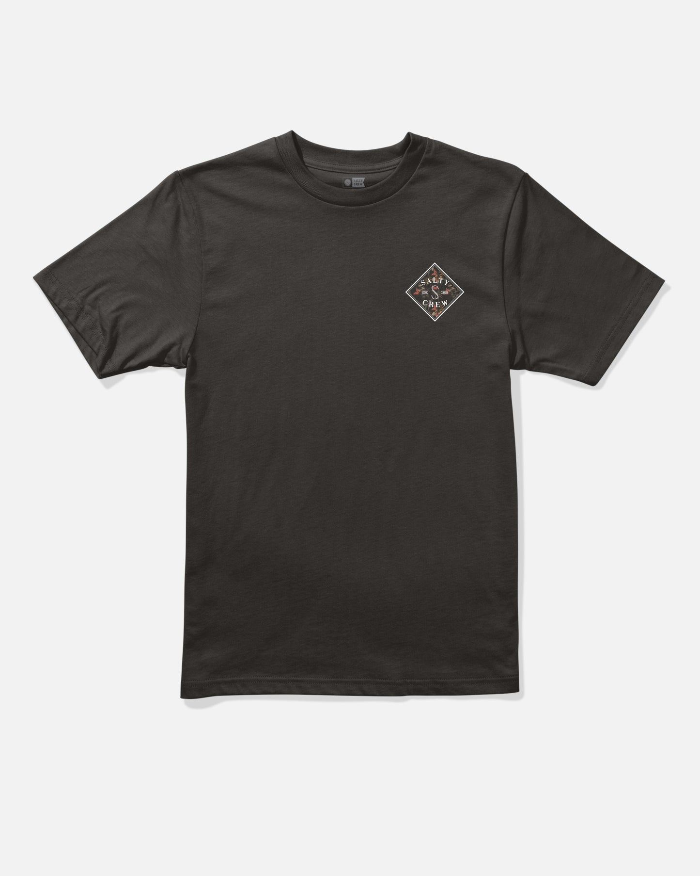 The Salty Crew Tippet Fill Boys Tee in black features a small diamond-shaped logo with white and orange text on the left chest. Made from soft, combed ringspun cotton, this high-quality short-sleeve t-shirt is shown laid flat on a white background, showcasing its premium screenprinted design.