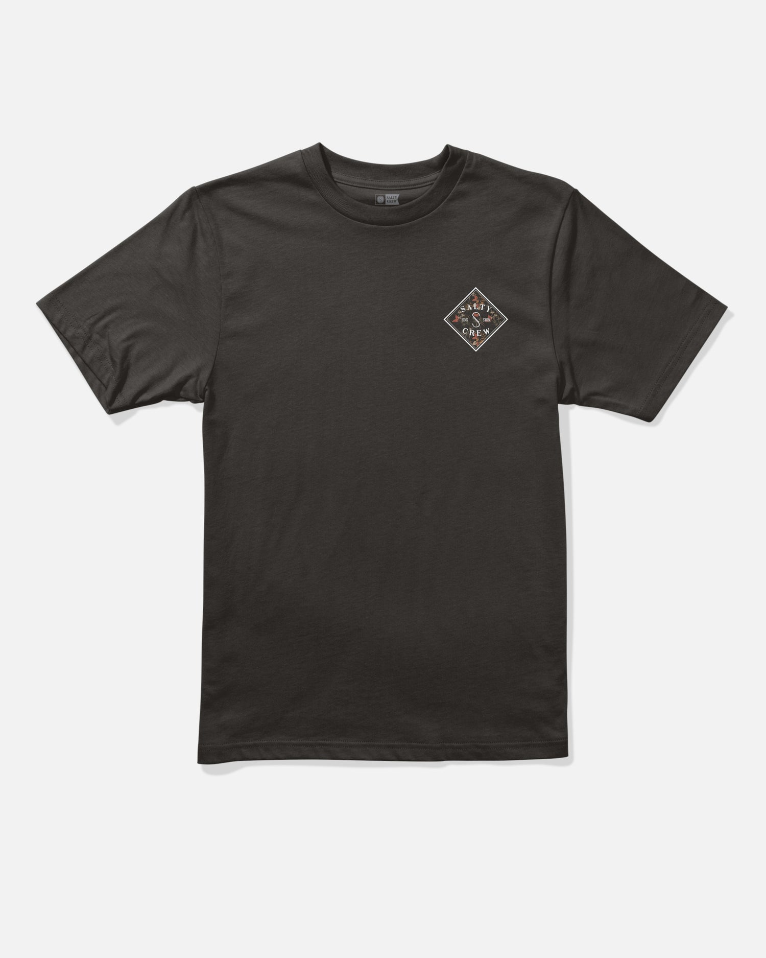 The Salty Crew Tippet Fill Boys Tee in black features a small diamond-shaped logo with white and orange text on the left chest. Made from soft, combed ringspun cotton, this high-quality short-sleeve t-shirt is shown laid flat on a white background, showcasing its premium screenprinted design.