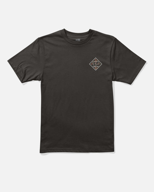 The Salty Crew Tippet Fill Boys Tee in black features a small diamond-shaped logo with white and orange text on the left chest. Made from soft, combed ringspun cotton, this high-quality short-sleeve t-shirt is shown laid flat on a white background, showcasing its premium screenprinted design.