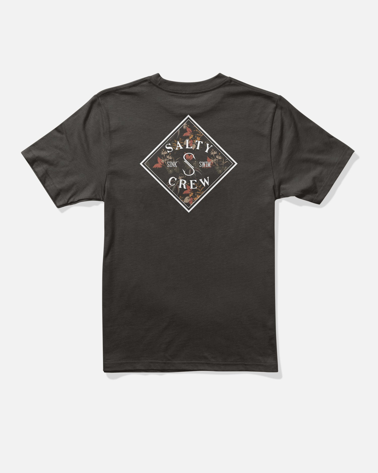 The Salty Crew Tippet Fill Boys Tee in black is made from combed ringspun cotton and features a diamond-shaped Salty Crew logo with fish graphics screenprinted on the back. The design showcases the words “Sink and Swim” along with bold marine motifs.