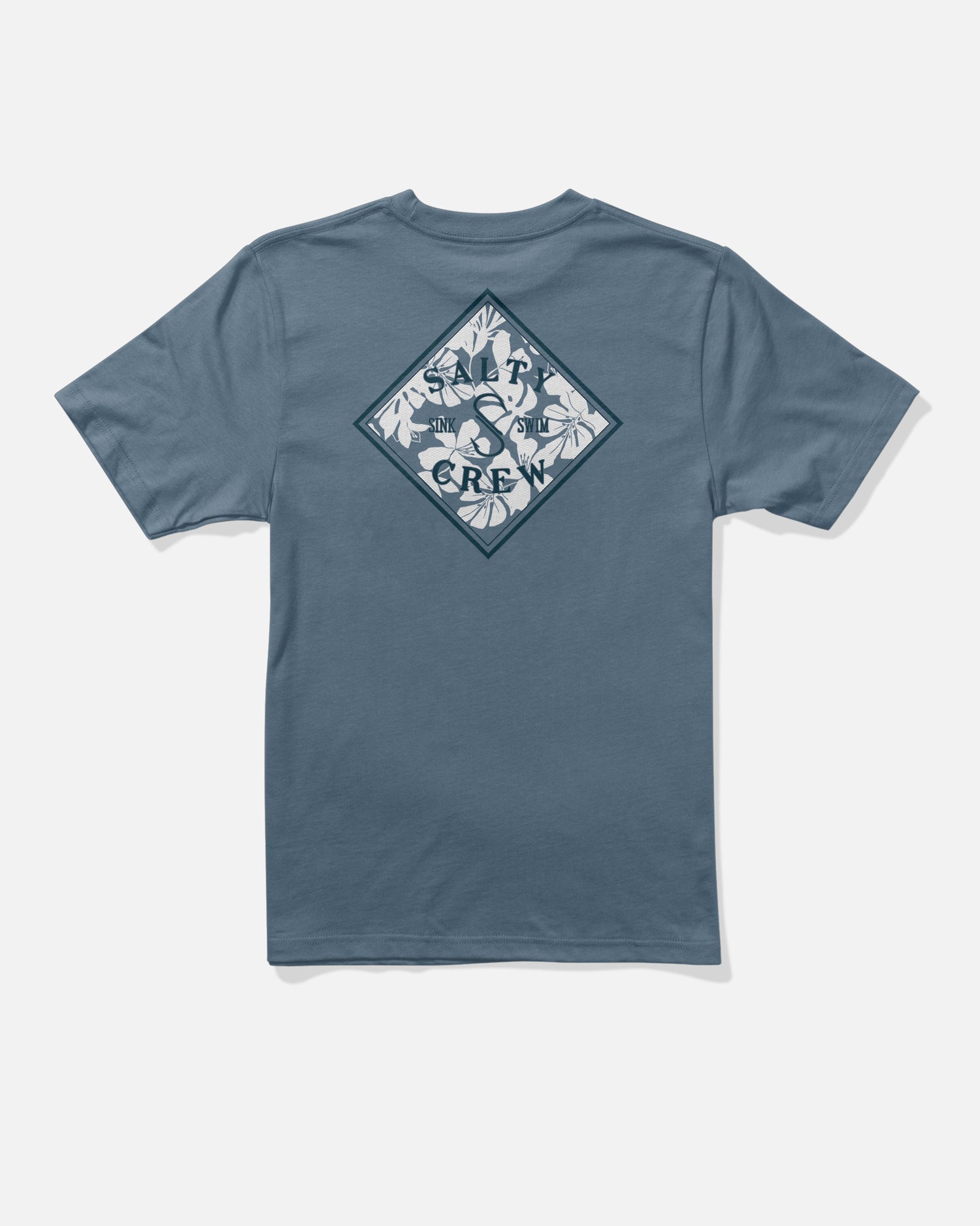 The Salty Crew Tippet Fill Boys Tee in Slate Blue is a 100% combed ringspun cotton short-sleeve shirt, featuring a screenprinted diamond-shaped graphic on the back with white leaves, a fish, and the text SALTY CREW.