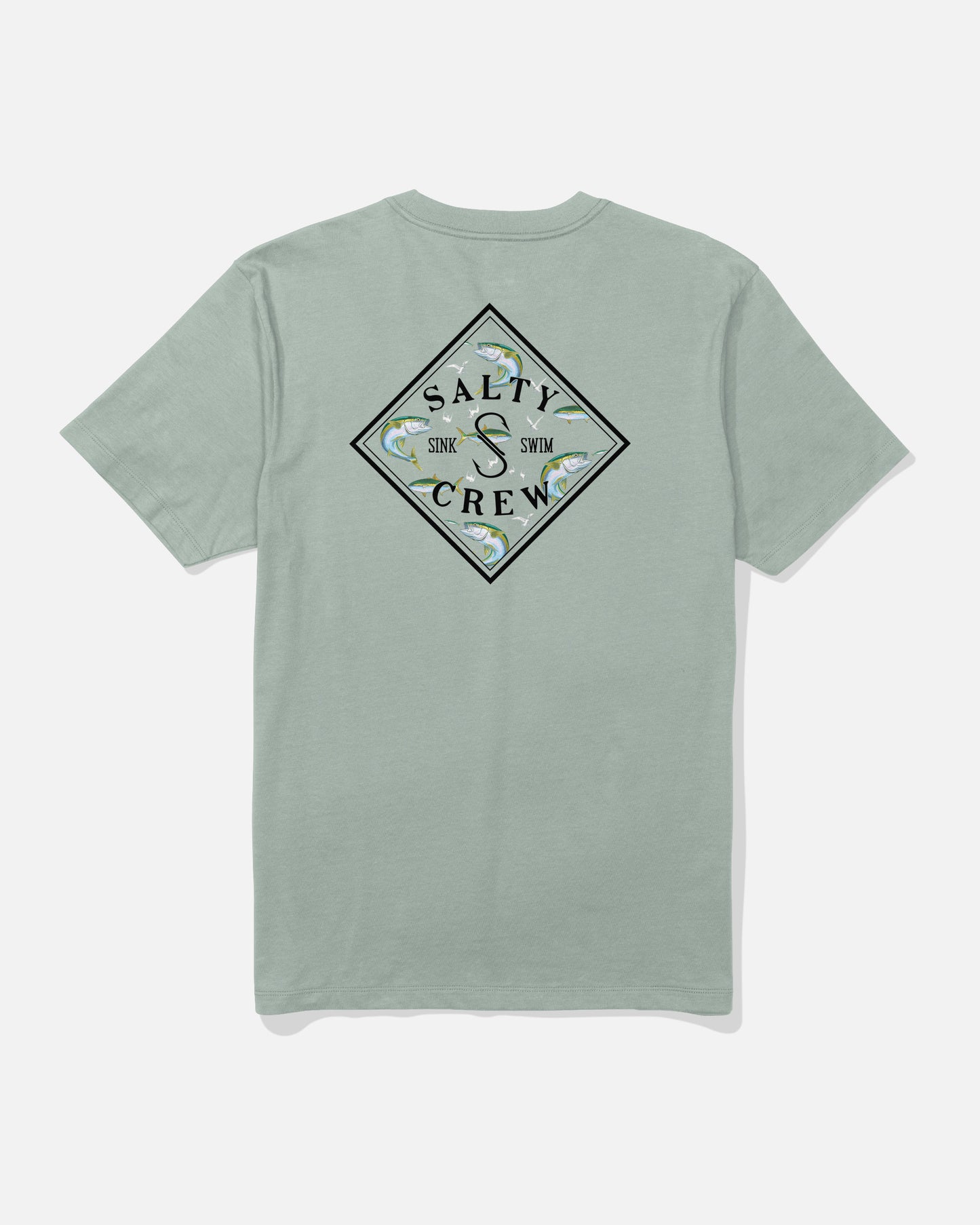 The Salty Crew Tippet Fill Crew Tee in Aqua Grey is a light gray-green combed ringspun cotton t-shirt featuring a diamond-shaped graphic with fish illustrations and the words “Salty Crew” and “Sink or Swim” on the back.