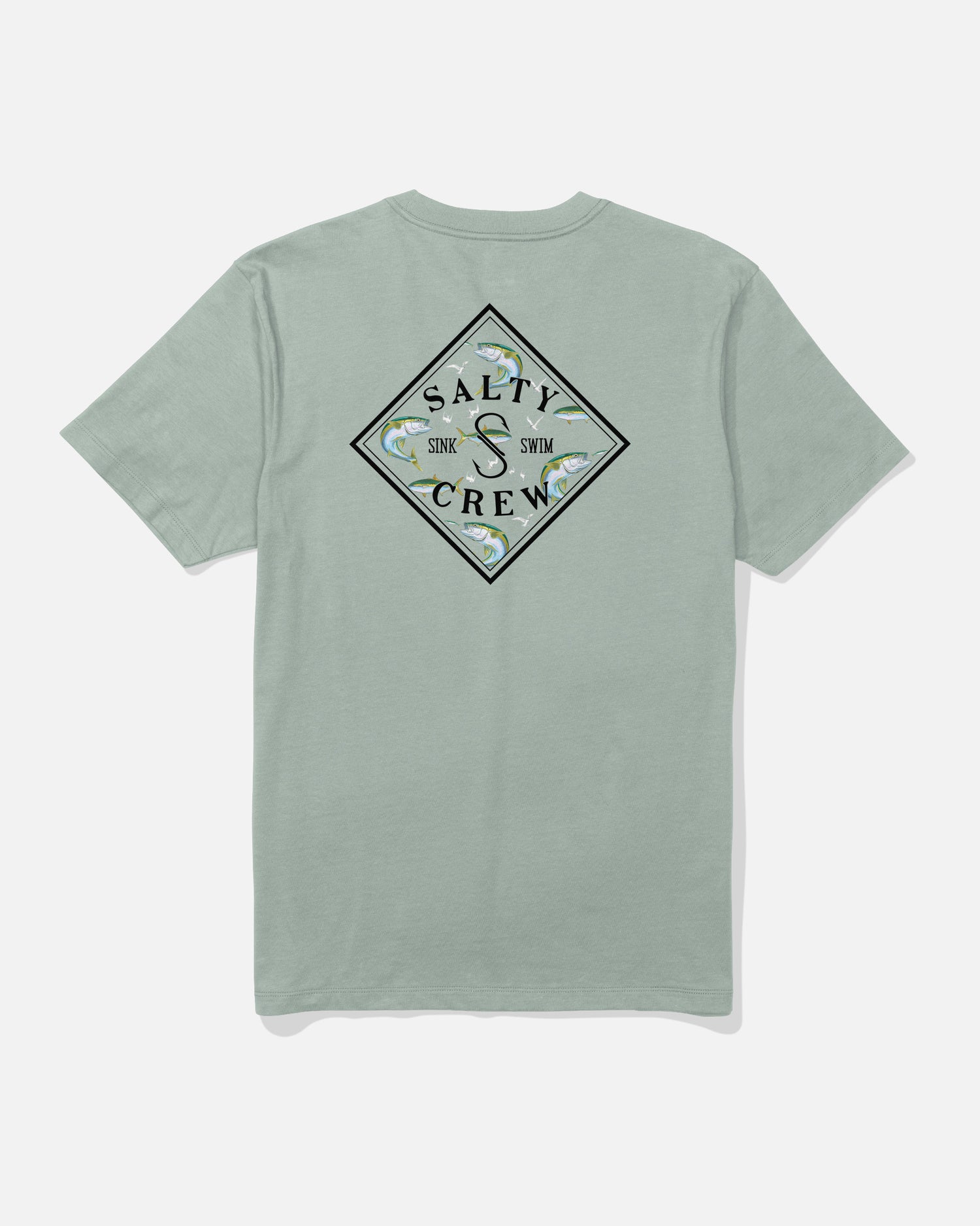 The Salty Crew Tippet Fill Crew Tee in Aqua Grey is a light gray-green combed ringspun cotton t-shirt featuring a diamond-shaped graphic with fish illustrations and the words “Salty Crew” and “Sink or Swim” on the back.