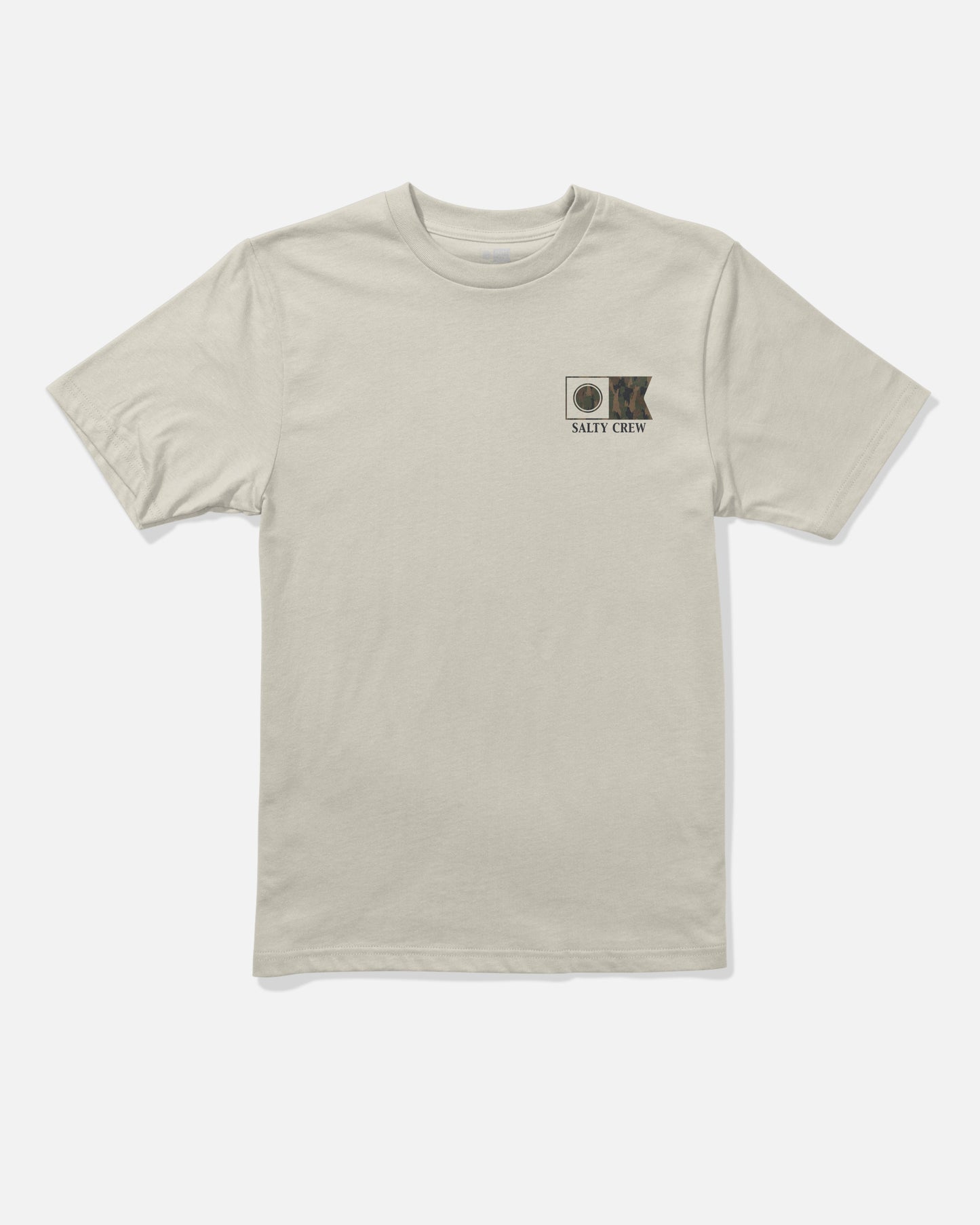 The Salty Crew Flagship Boys Tee in Bone is a beige short-sleeve combed ringspun cotton t-shirt featuring a small screenprinted fish and circular graphic with the text “Salty Crew” on the left chest. The shirt is displayed laid flat on a white background.