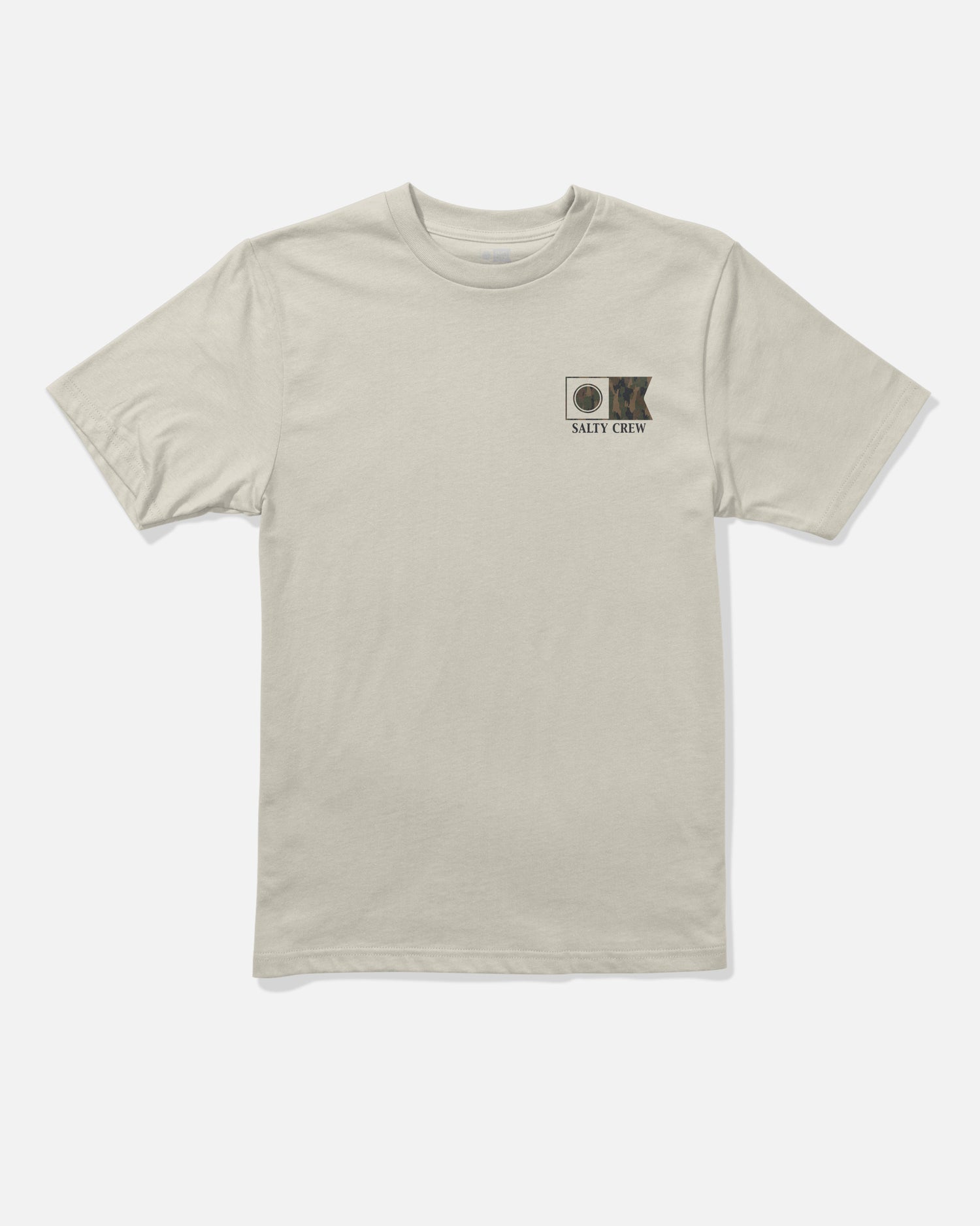 The Salty Crew Flagship Boys Tee in Bone is a beige short-sleeve combed ringspun cotton t-shirt featuring a small screenprinted fish and circular graphic with the text “Salty Crew” on the left chest. The shirt is displayed laid flat on a white background.