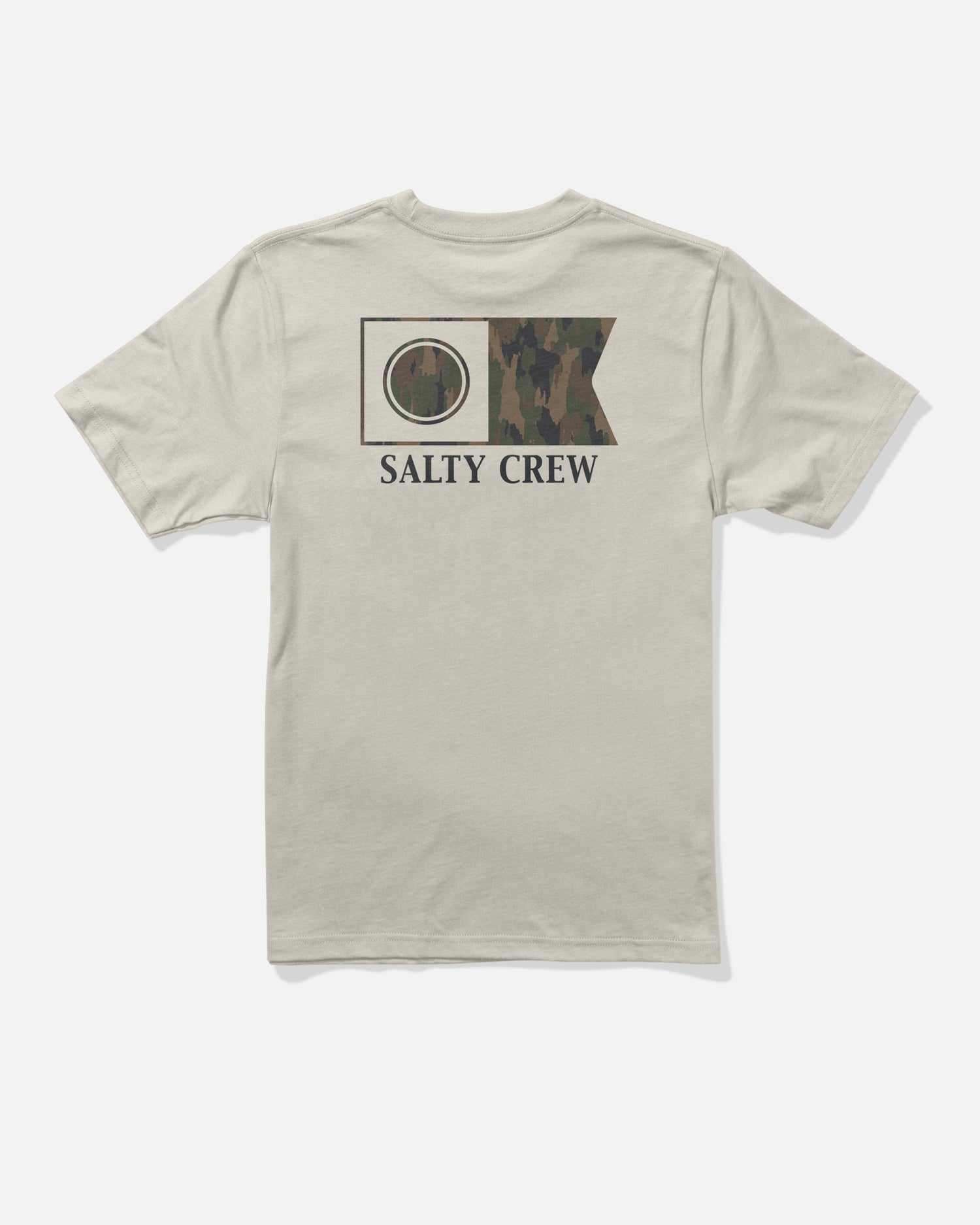 The Flagship Boys Tee in Bone by Salty Crew features a beige cotton fabric with a camo-printed nautical flag graphic and “SALTY CREW” text screenprinted on the back.