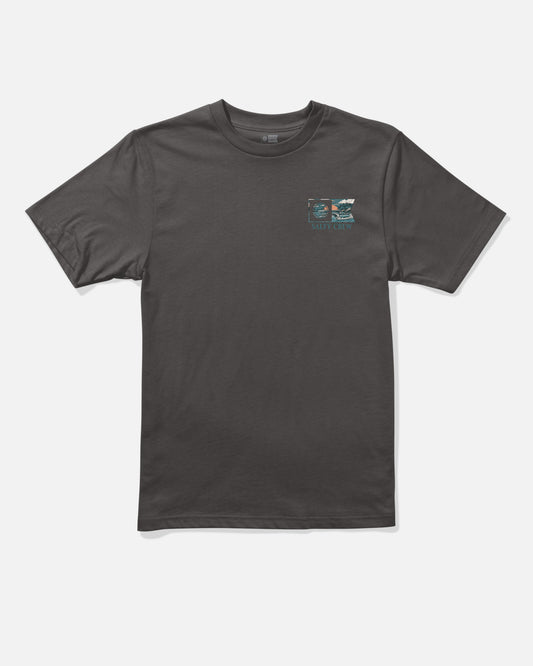 The Salty Crew Flagship Boys Tee in dark grey is a short-sleeve combed ringspun cotton t-shirt featuring a small screenprinted graphic of waves, a sun, and the text “Santa Cruz” on the upper left chest. The shirt is shown against a plain white background.