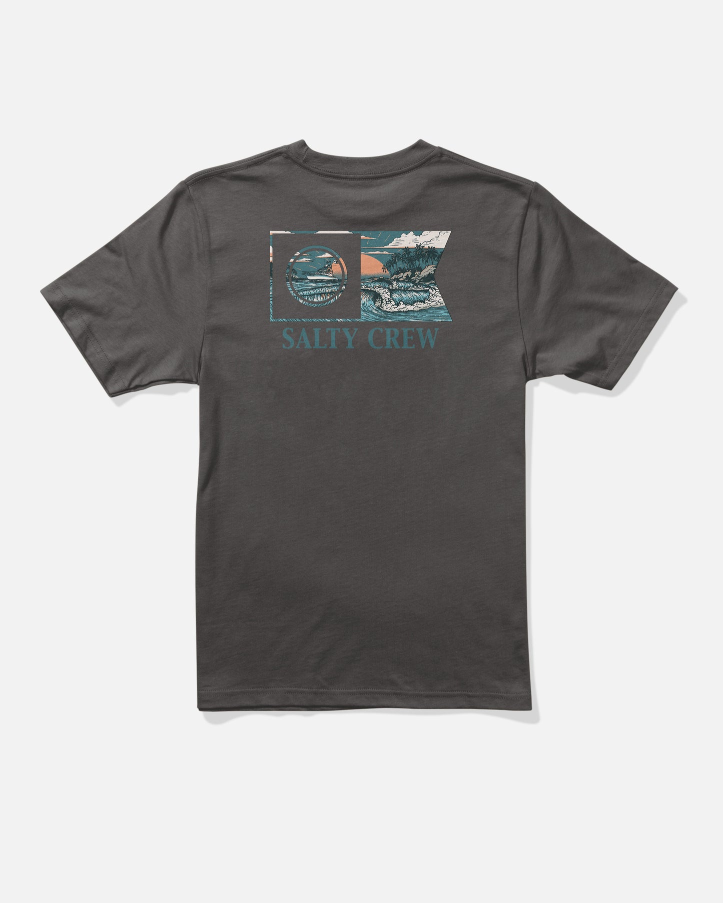The Salty Crew Flagship Boys Tee in dark grey features a screenprinted rectangular graphic of a fish and ocean waves in teal, blue, white, and orange on the back, along with SALTY CREW text. Made from combed ringspun cotton.
