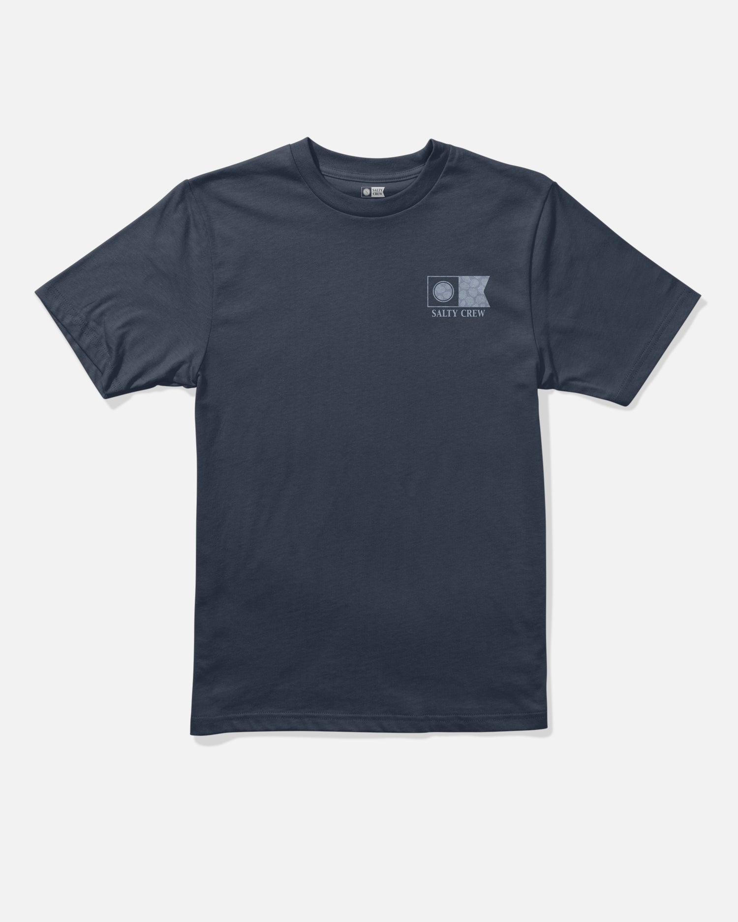 The Salty Crew Flagship Boys Tee in navy is a short-sleeve combed ringspun cotton t-shirt featuring a small circular logo and screenprinted SALTY CREW text on the left chest. The shirt is displayed laid flat against a plain white background.