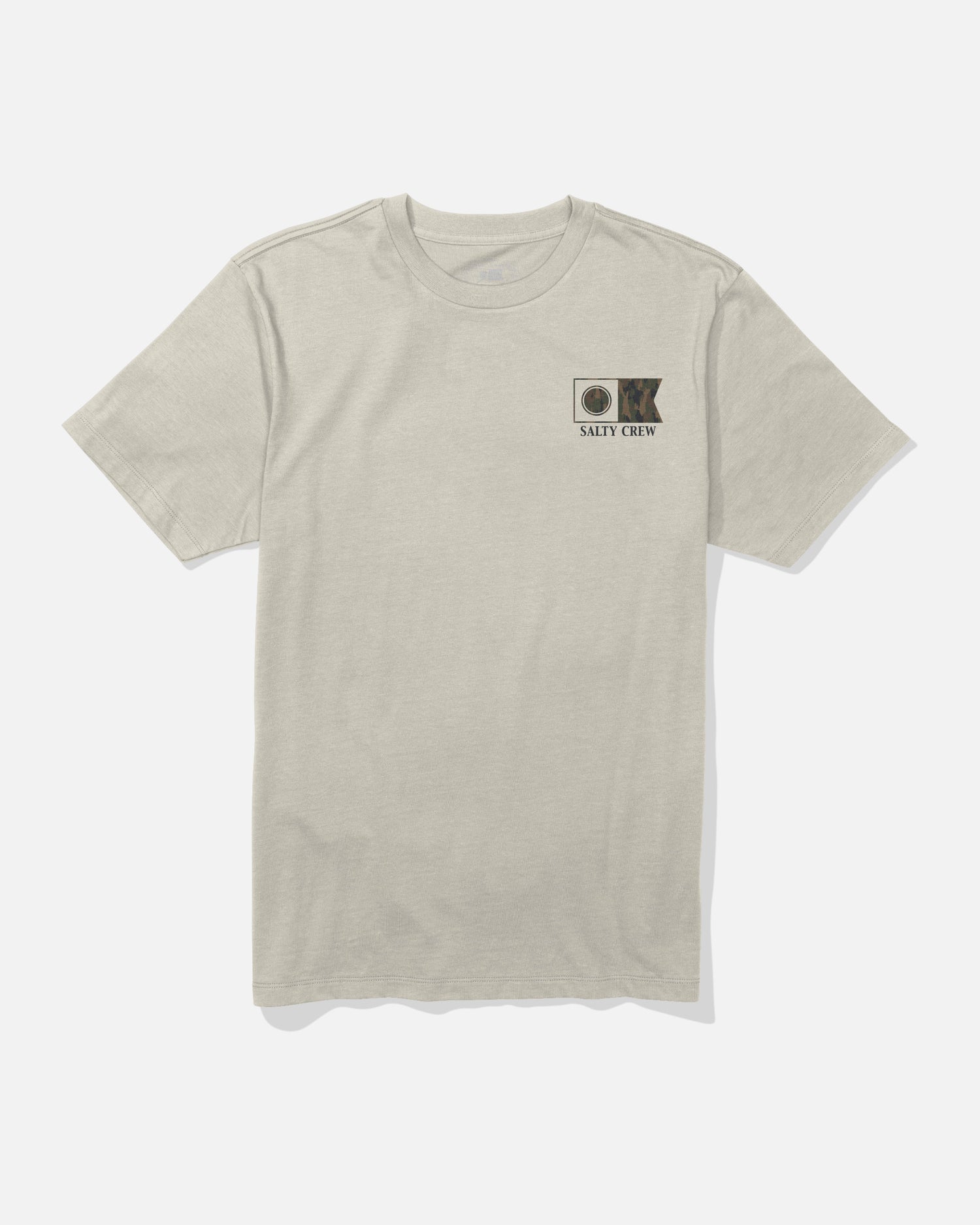 The Flagship Crew Tee - Bone by Salty Crew is a light bone short-sleeve t-shirt made from soft combed ringspun cotton. It features a small screenprinted patch with a fish illustration and circular logo, along with SALTY CREW text on the left chest. Shown laid flat on a white background for detail.