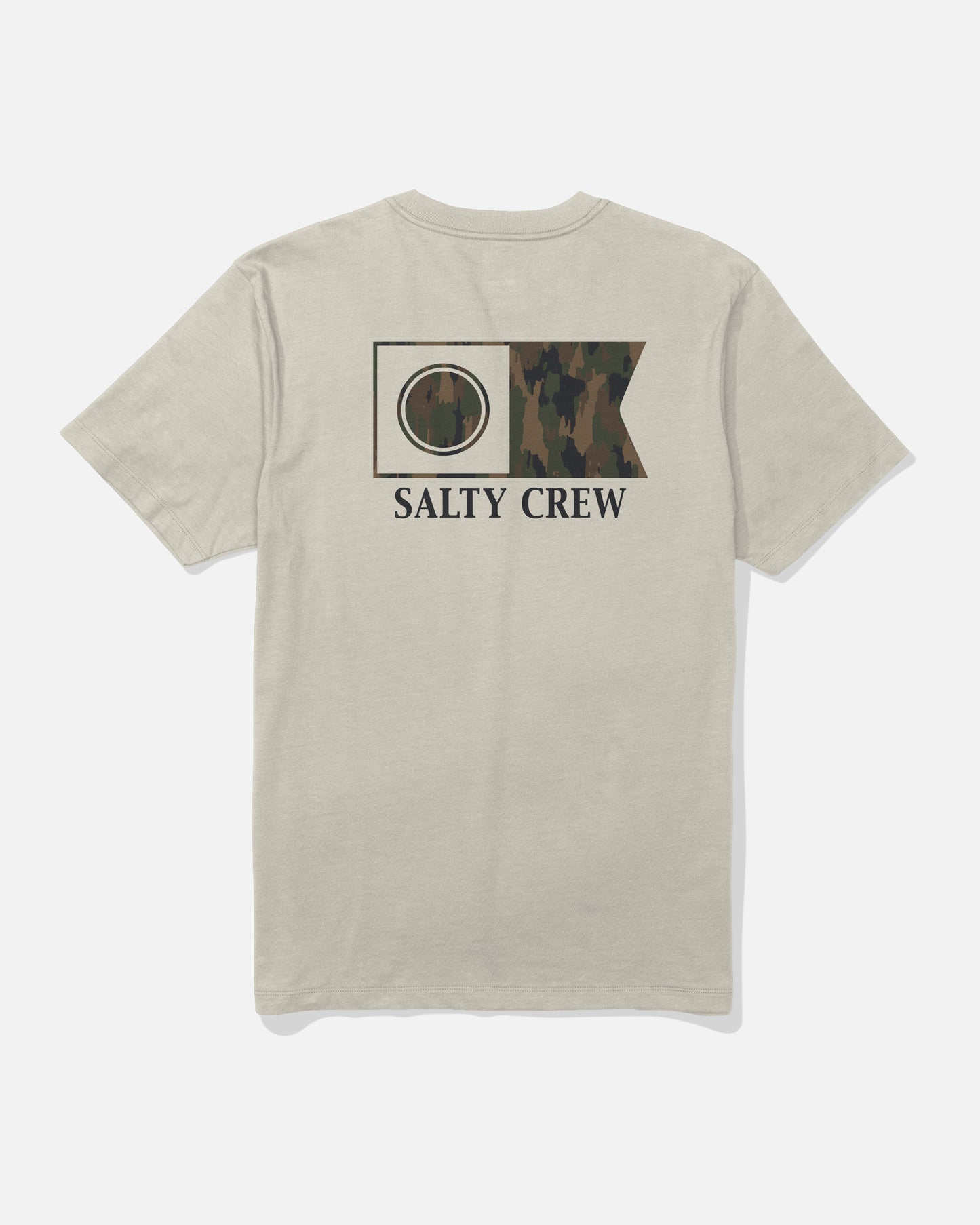 The Salty Crew Flagship Crew Tee in Bone is a beige combed ringspun cotton t-shirt featuring a camo print OK graphic and the words “SALTY CREW” in black on the back. The screen-printed design is shown on a plain white background.